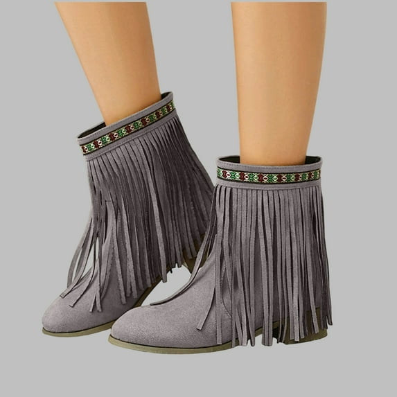 Up to 35%! Women's Slip On Ankle Boots Women's Fashionable Casual Versatile Cool Winter Tassel Sleeve Boots Short Boots Thick Heel Ankle Boots Gray 36