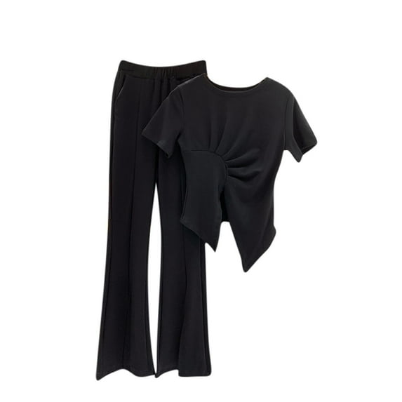 Up to 35% off Women's Tops Women 2 Piece Outfits Sweatsuit Set Half Zip Lapel Collar Short Sleeve Sweatshirt Wide Leg Sweatpant Tracksuit Sets Ndbuld Black 2XL