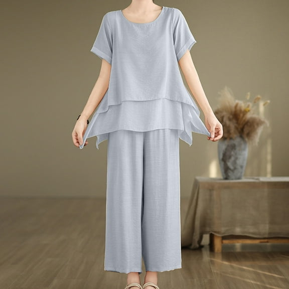 Women's Tops Women 2 Piece Outfits Sweatsuit Set Half Zip Lapel Collar Short Sleeve Sweatshirt Wide Leg Sweatpant Tracksuit Sets Ndbuld Gray 2XL