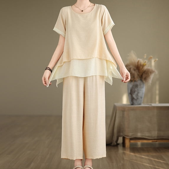 Women's Tops Women 2 Piece Outfits Sweatsuit Set Half Zip Lapel Collar Short Sleeve Sweatshirt Wide Leg Sweatpant Tracksuit Sets Ndbuld Khaki XL