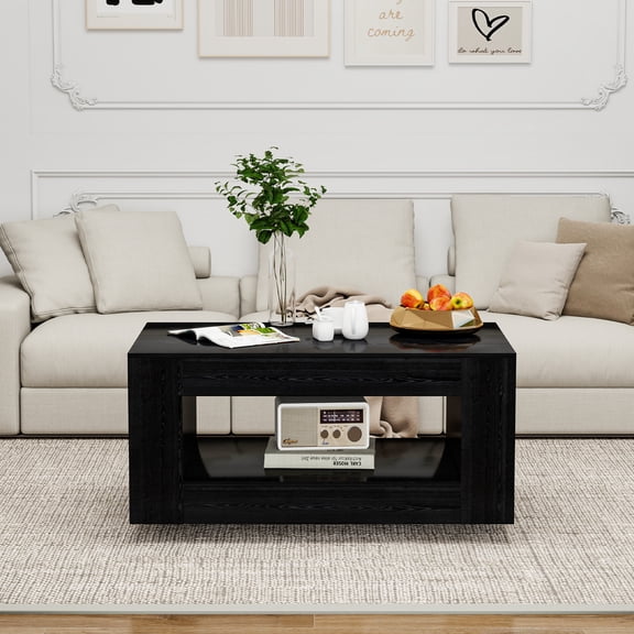 35" Wood Coffee Table with Storage Modern 2-Tier Shelf Center Table for Livingroom Black