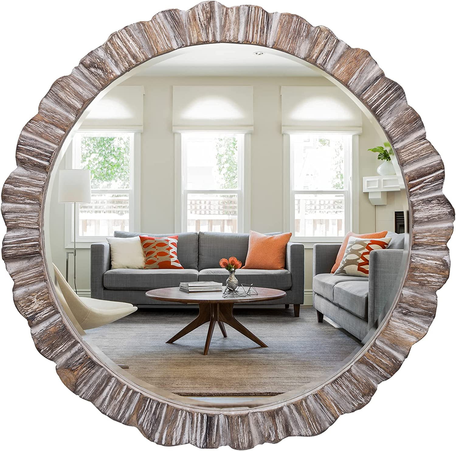 35" Wood Round Mirror, Rustic Wall Mirror with Thick Frame, Large Round ...