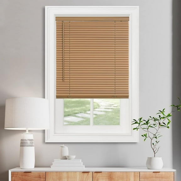 35" Woodtone Cordless Light Filtering Window Blinds, Horizontal Vinyl Mini Blinds/Shades, 1" Slats, Easy Install