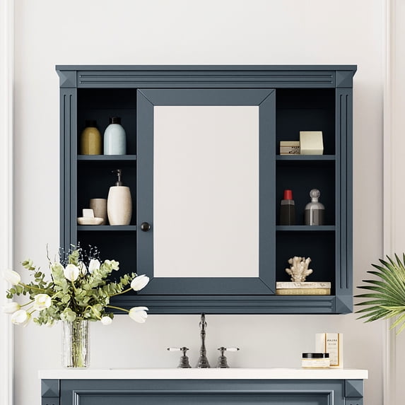 35'' X 28'' Bathroom Wall Cabinet - Modern Design, Construction, Concealed Storage Versatile Solution, Frame, Blue Finish