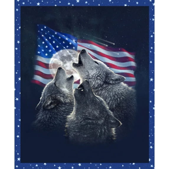 35" X 44" Panel Howling Wolves Moon Patriotic American Flag USA One of a Kind Cotton Fabric Panel (52858DP-1)