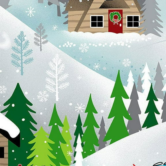 35" X 44" Panel Skiing Ski Winter Christmas Snowy Scene Keeping Cozy Cotton Fabric Panel (09909-99)