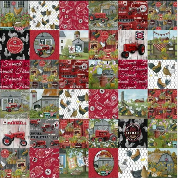 35" X 58" Panel Farmall Cheater 6" x 6" Squares Chickens Cotton Fabric D456.29