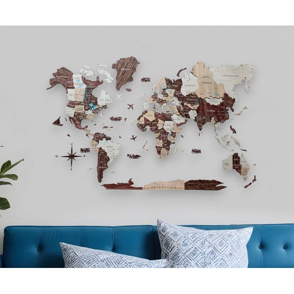 35" X 59" Brown and Beige Wood World Map Hanging Dimensional Sculpture