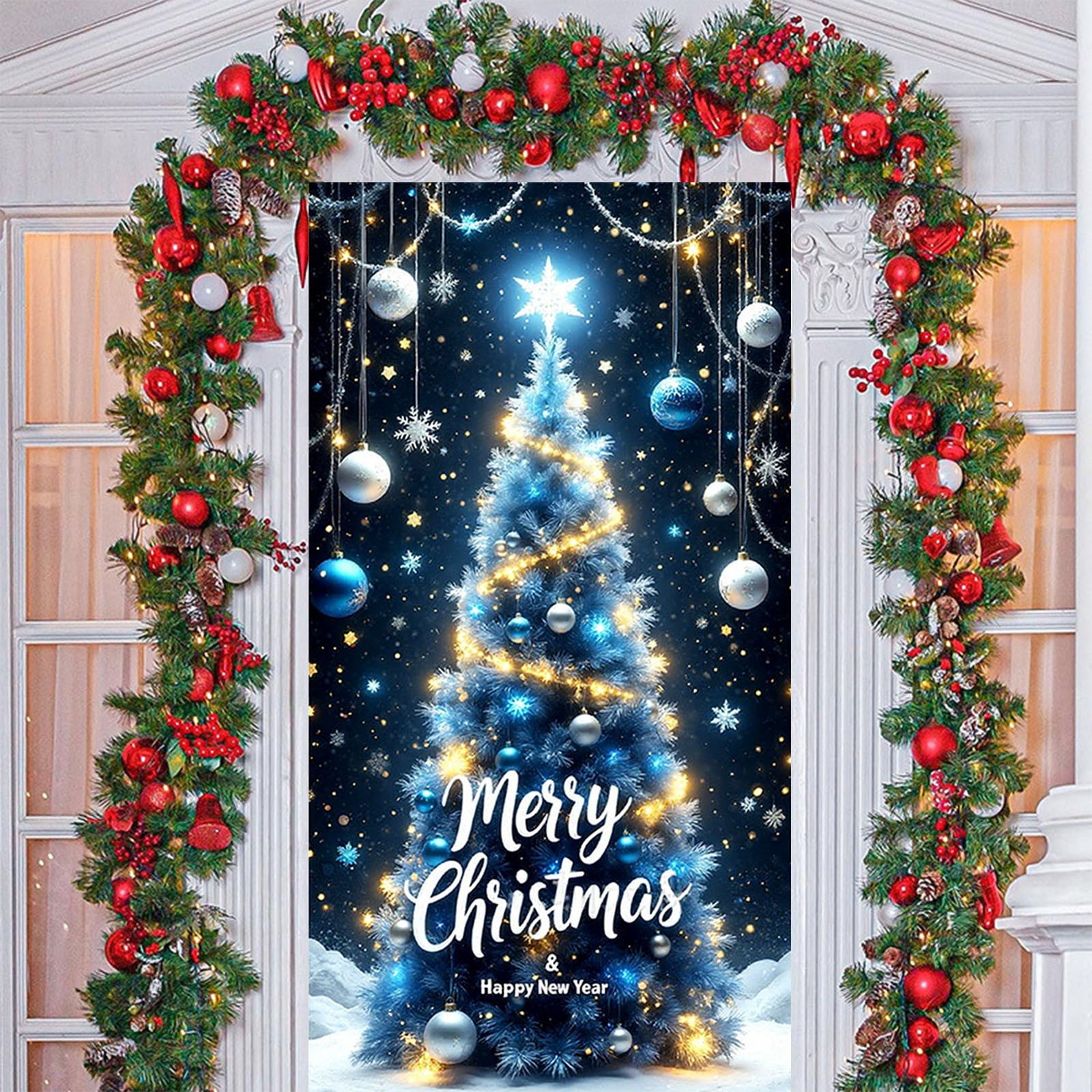 Christmas Door Cover – Santa Claus With Child Banner, 71x35 Inch, Festive Door Hanging For Holidays