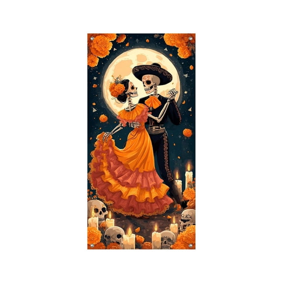 35 X 71 Inch Halloween and Day of The Dead Door Cover Couple Skull Print Rich Colors for Home Festival Party Decoration