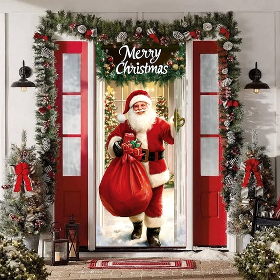 35 X 71 inch Christmas Door Cover - Santa Claus Pattern - Christmas Day Door Decoration - Festival Party Decoration for Holiday Gifts