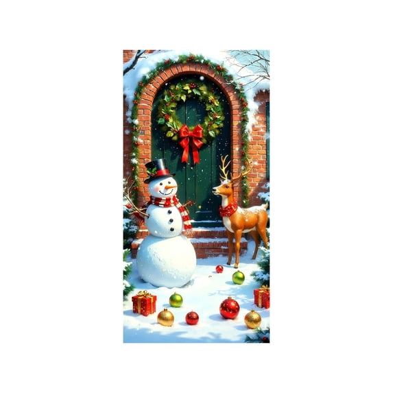 35 X 72 Inch Christmas Door Cover Snowman Print Xmas Fabric Door Decoration Hanging Banner for Front Door Party Decor Supplies Photography Backdrops