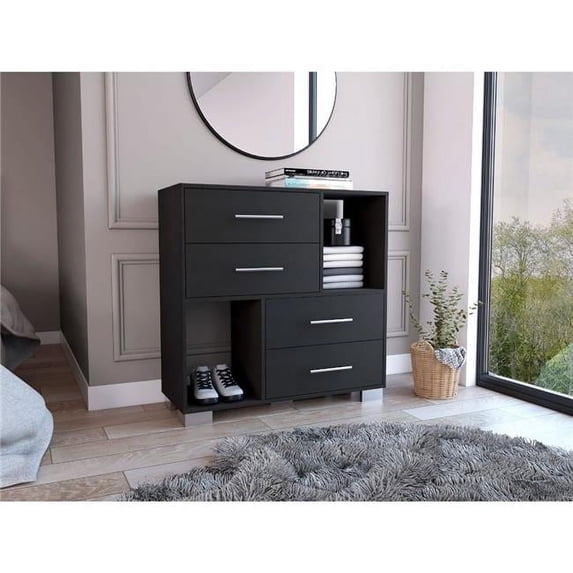 35 in. Manufactured Wood Four Drawer Dresser with Cubes, Black