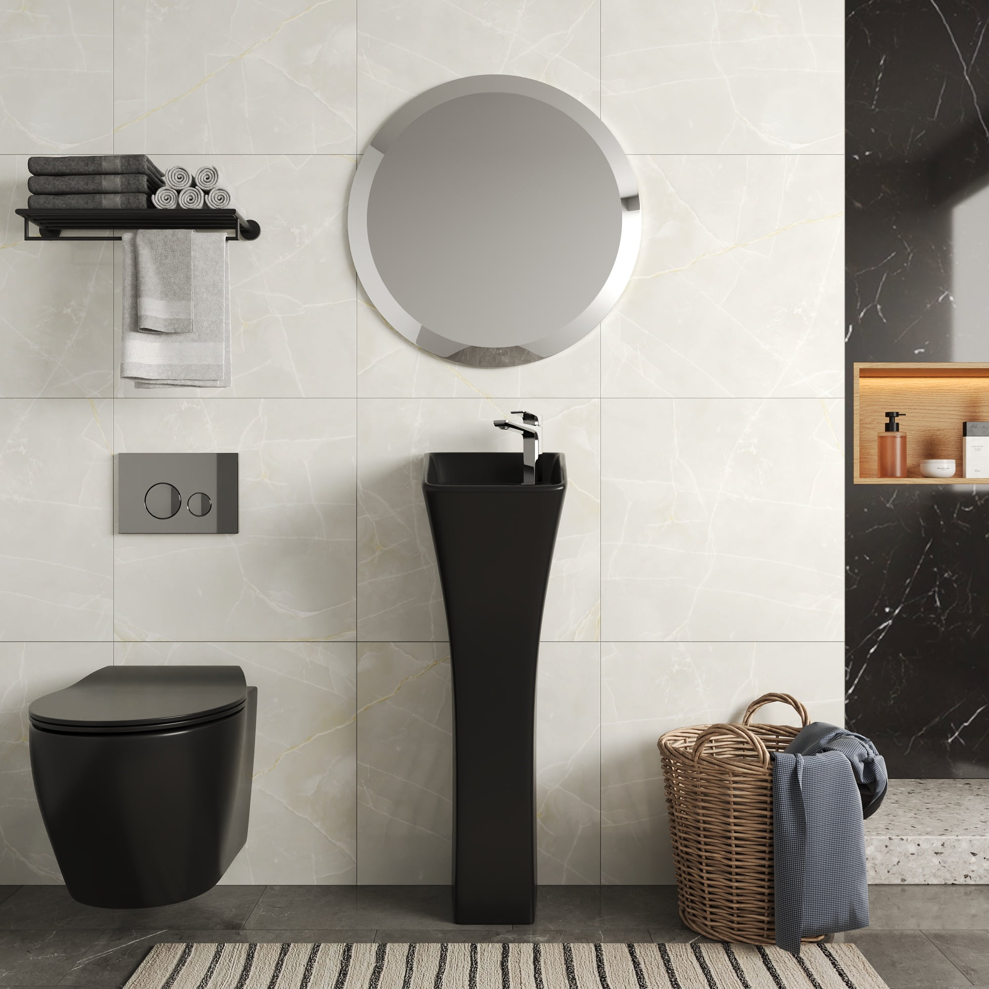 Black Ceramic Modern Pedestal Bathroom Sink with Overflow