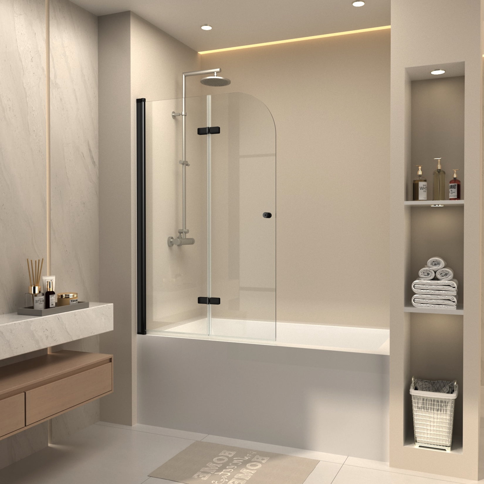 35 in. W x 55 in. H Folding Bathtub Door. Frameless Tub Shower Door with 1/4"(6mm) Clear Tempered Glass. 180 Rotatable Matte Black Bathtub Galss Doors with Easy Clean Coating