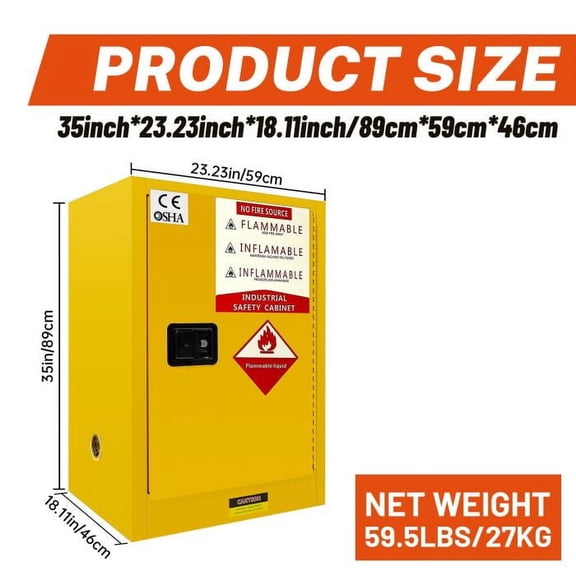 35-inch 12 Gallon Industrial Fire Safety Cabinet - Contemporary Double - Walled Steel and Steady 3 - Point Locking, Perfect for Workplace Flammable Liquid Storage (Yellow)