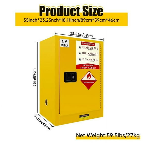35-inch 12 Gallon Industrial Fire Safety Cabinet - Durable Double - Walled Steel Construction and Secure 3 - Point Locking, Great for Warehouse Flammable Liquid Storage (Yellow)