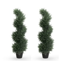 35 inch Artificial Cedar Spiral Topiary Trees–Decorative Fake Greenery in Planter Pots for Front Porch, Outdoor Walkway, Entryway Decorating, Set of 2