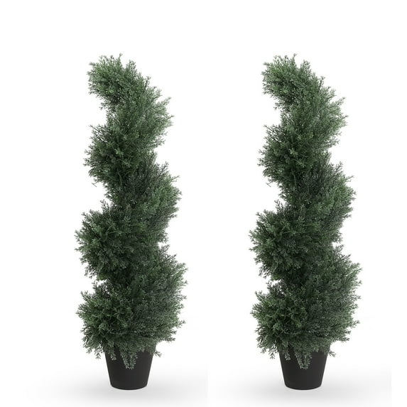 35 inch Artificial Cedar Spiral Topiary Trees–Decorative Fake Greenery in Planter Pots for Front Porch, Outdoor Walkway, Entryway Decorating, Set of 2