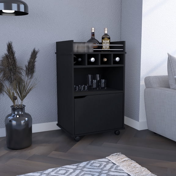 35 - inch Bar Cart with Cabinet and Wheels | Great for Moving Around in Parties to Store Liquor | Constructed from Laminated Particle Board | Addresses Problem of Limited Drink Storage