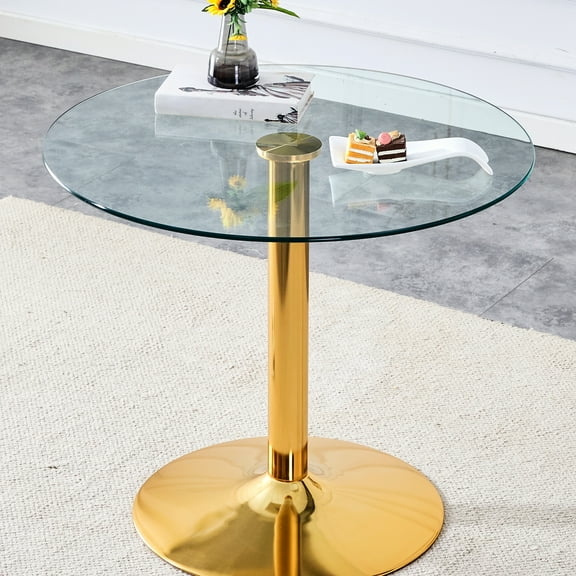 35-inch Diameter Tempered Glass Top Round Dining Table With Gold Metal Legs, Spacious For 4-6 People, Stylish Living Rooms Clear And Golden Space Optimized
