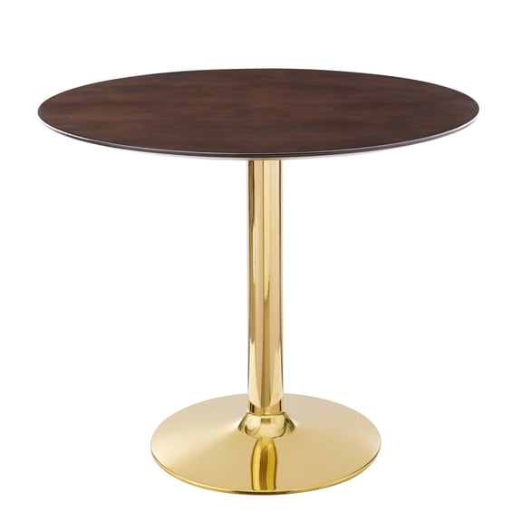 35 inch Dining Table, Round, Gold Walnut, Wood, Metal Steel, Modern Contemporary, Mid Century Kitchen Room Cafe Bistro Restaurant Hospitality