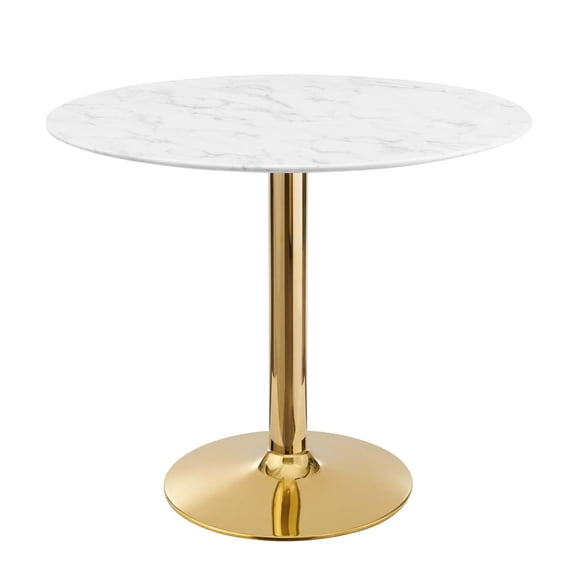35 inch Dining Table, Round, White Gold, Artificial Marble, Metal Steel, Modern Contemporary, Mid Century Kitchen Room Cafe Bistro Restaurant Hospitality