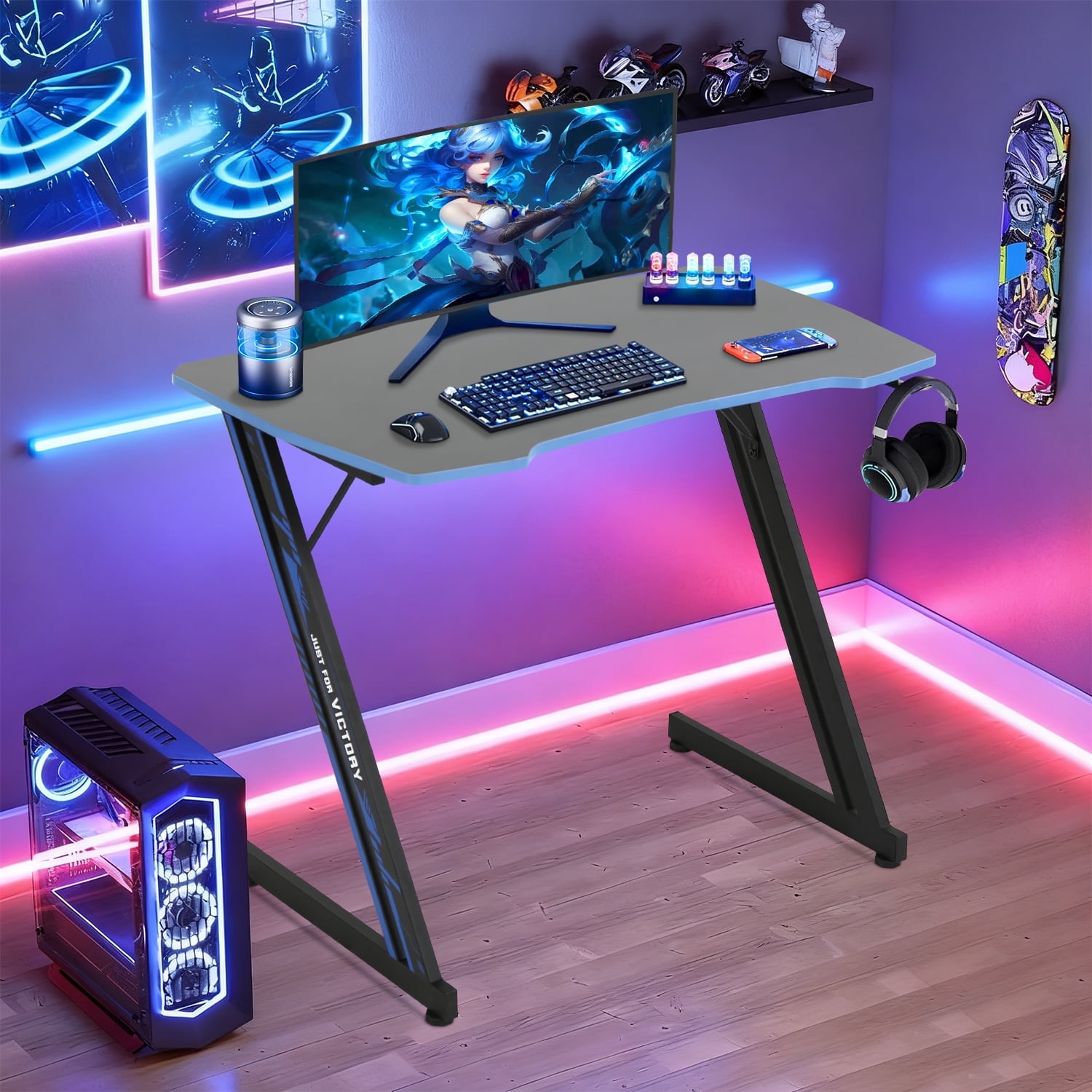 35 inch Gaming Desk Z-Shaped Leg PC Computer Desk with Headphone Hook, Ergonomic Gaming Table Gaming Workstation（Blue）