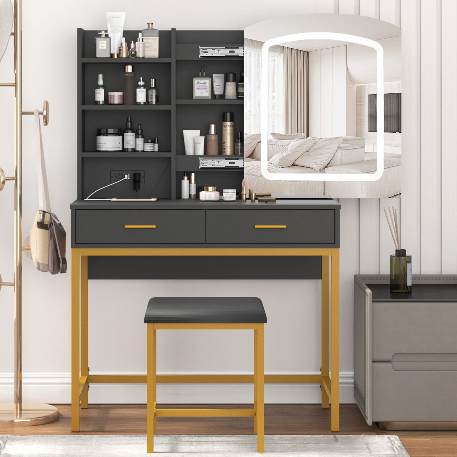 35 inch Makeup Vanity Desk with Lighted Mirror & Power Strip,Vanity Set