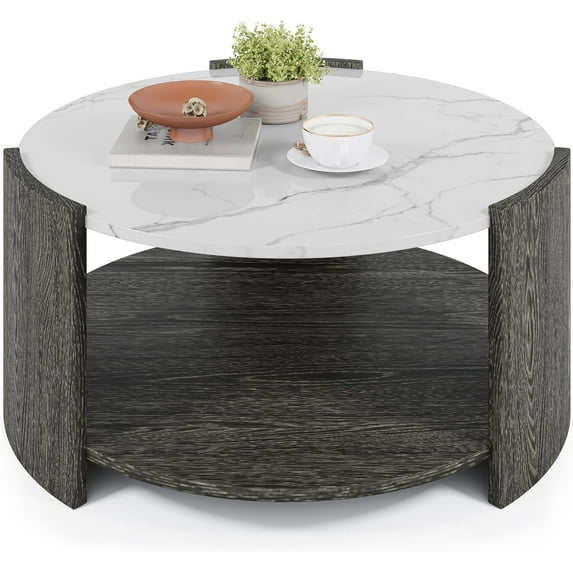35 inch Marbling Round Coffee Table with Extra Shelf for Living Room, Coffee Table wirh Storage, Sofa Side Table for Living Room, Home Office…