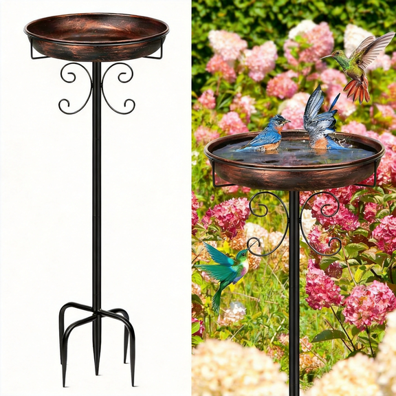 35 inch Metal Bird Bath for Outdoors, 5-Prong Stake Freestanding Birdbath & Feeder, Vintage Bronze Heavy Duty Rust Resistant Bird Water Bowl for Garden Patio Yard Lawn Decor