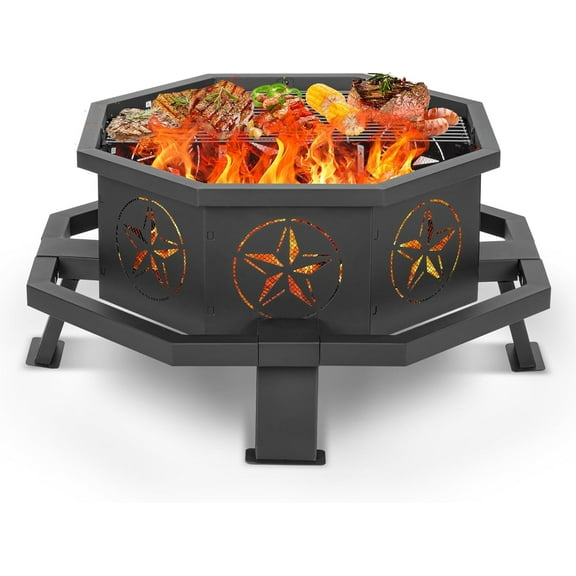 35 inch Octagonal Fire Pit with Cooking Grill, Outdoor Fire Pit, Wood Burning Fire Pits, Heavy Duty Firepit with Poker for Outside, Bonfire, Backyard, Patio, Picnic, Camping