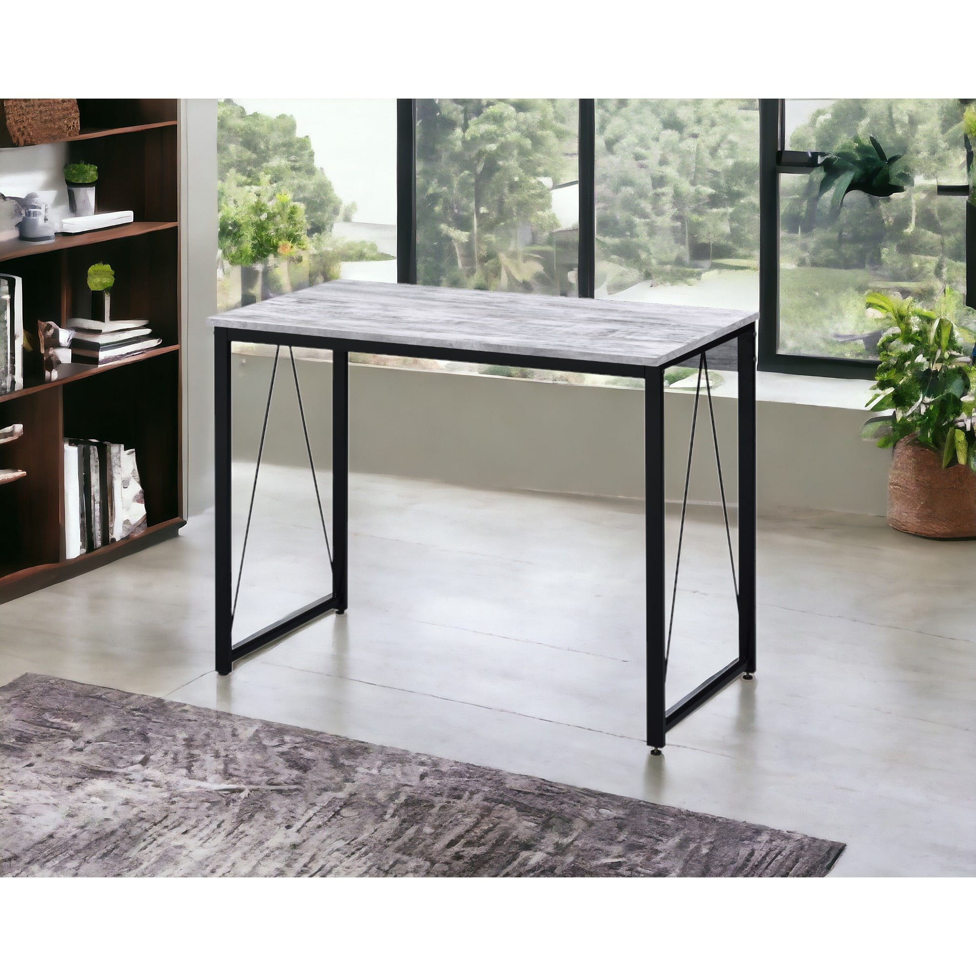 35 inch Small Computer Desk,Writing Desk with Metal Frame for Home,Antique White & Black