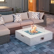 ESSENTIAL LOUNGER 35 inch Square Propane Fire Pit Table, 50,000 BTU Outdoor Concrete Firepit Table for Garden＆Patio, with Glass Wind Guard, Propane Tank Metal Stand and Waterproof Cover, Grey