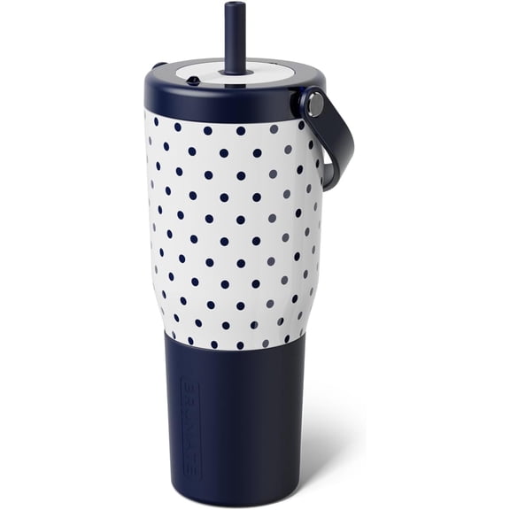 35 oz Leakproof Tumbler with Handle and Flexible SoftSip Straw Silicone Sleeve Stainless Steel Cup Holder Friendly White Polka Dots