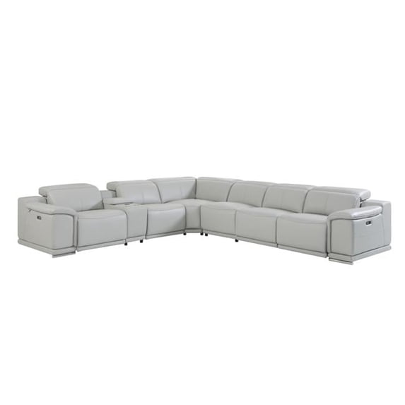 35 x 123 x 138 in. Light Gray Italian Leather Power Recline L-Shape Corner Sectional with Console - 7 Piece