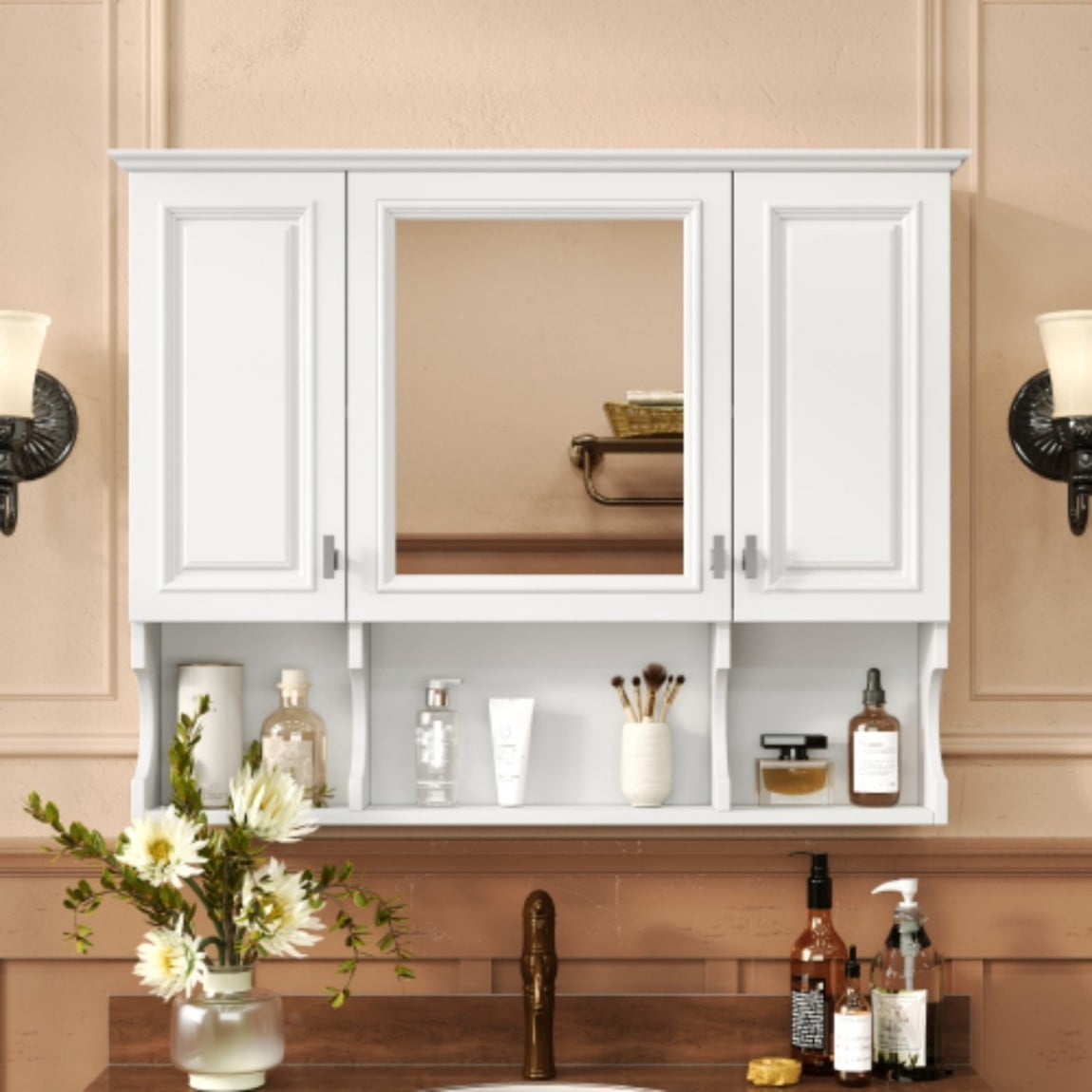 35" x 28"Bathroom Mirror Cabinet, Wall Mounted Medicine Cabinet with Adjustable Shelves, Modern Bathroom Wall Cabinet with Open Storage Shelves, 3 Door Mirrored Storage Cabinet, White