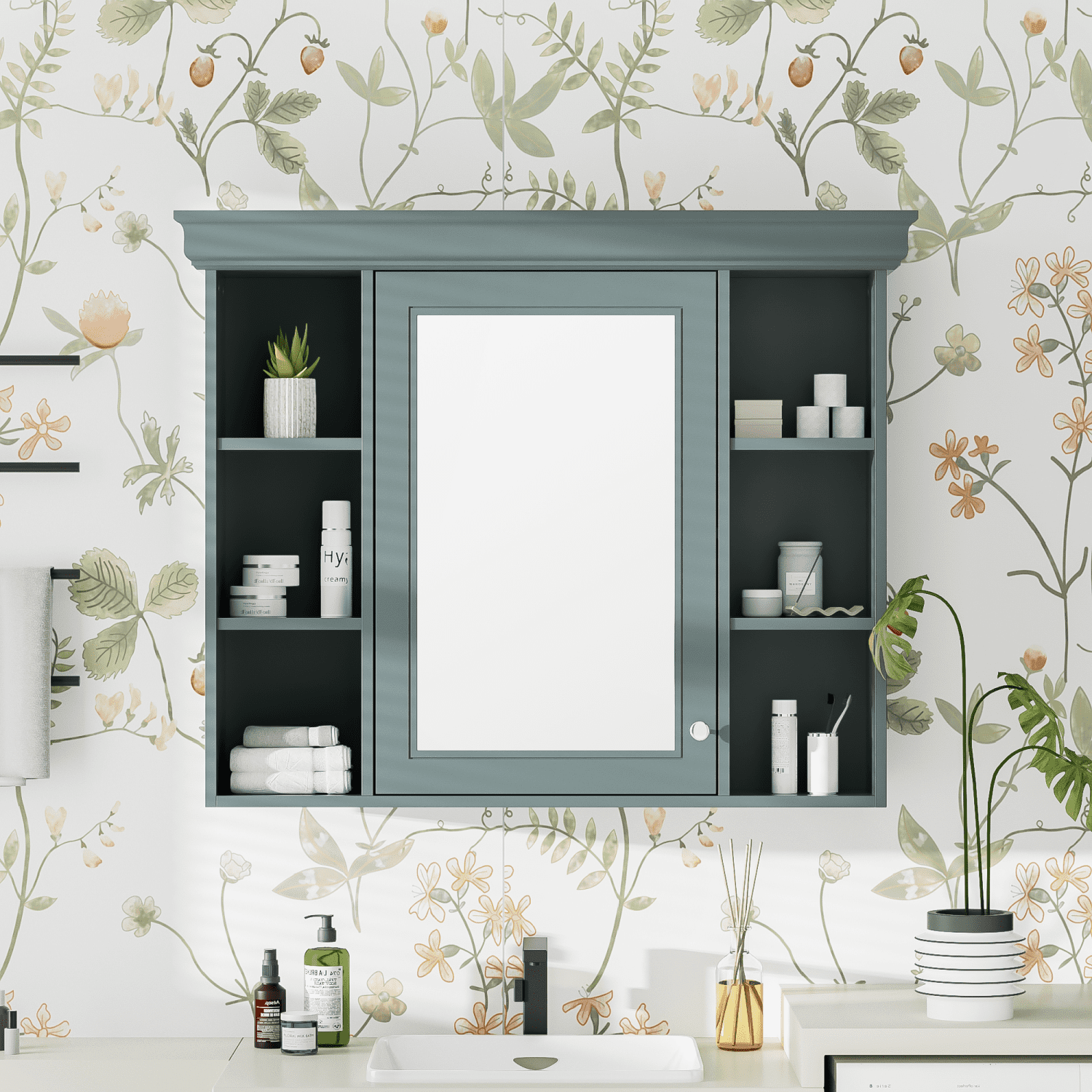 35‘‘ x 28‘‘ Blue Wall Mounted Bathroom Storage Cabinet with Mirror Door ...