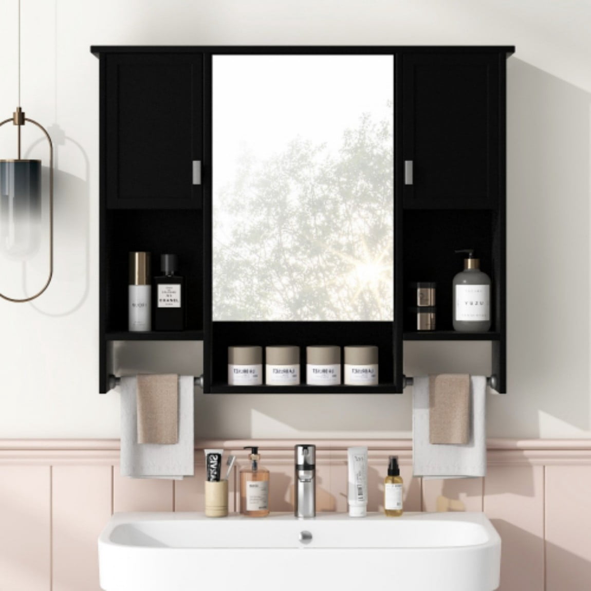 35"x 28" Wall Mounted Bathroom Medicine Cabinet with Mirror, Bathroom Storage Cabinet with Towel Bar, Adjustable Shelves, 3-Door MDF Wall Cabinet, Black