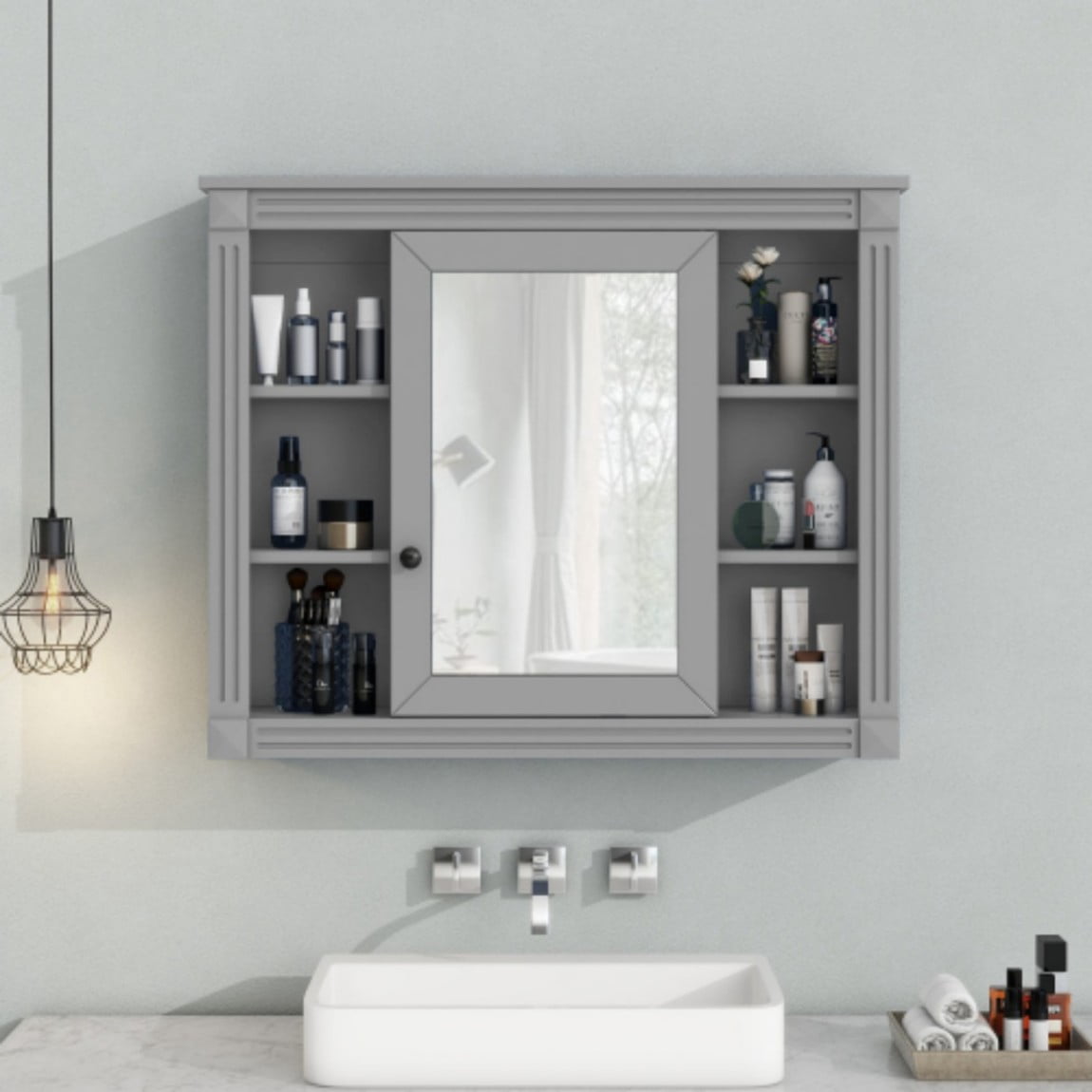 35"x 28" Wall Mounted Bathroom Medicine Cabinet with Mirror, Adjustable Shelves, Open Storage, Towel Bar, MDF Bathroom Storage Cabinet, Grey