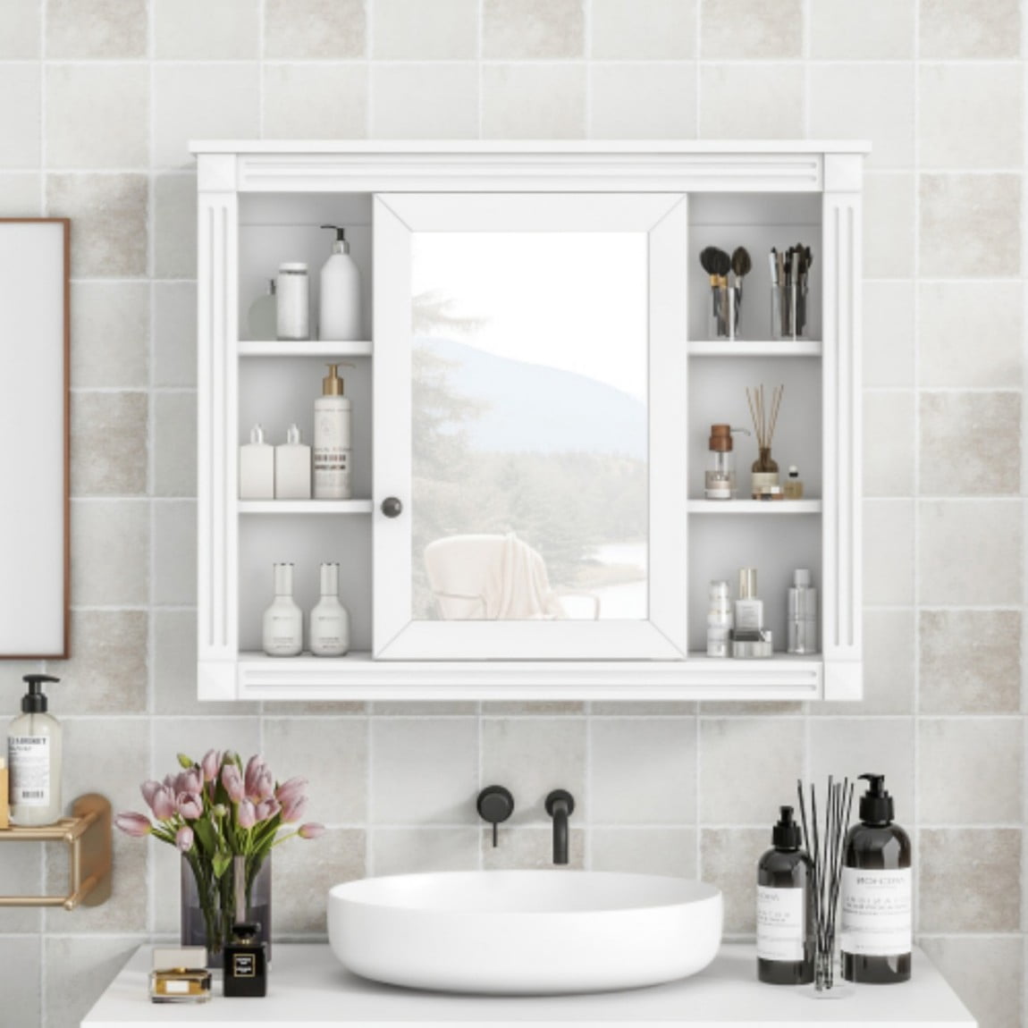 35"x 28" Wall Mounted Bathroom Medicine Cabinet with Mirror, Adjustable Shelves, Open Storage, Towel Bar, MDF Bathroom Storage Cabinet, White