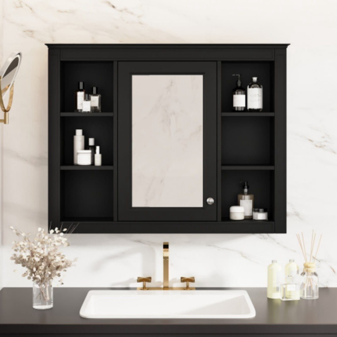 35"x 28" Wall Mounted Bathroom Medicine Cabinet with Mirror, Bathroom Storage Cabinet with 6 Open Shelves, Adjustable Shelves & Towel Bar, Black