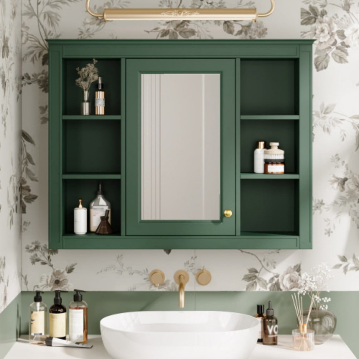 35"x 28" Wall Mounted Bathroom Medicine Cabinet with Mirror, Bathroom Storage Cabinet with 6 Open Shelves, Adjustable Shelves & Towel Bar, Green
