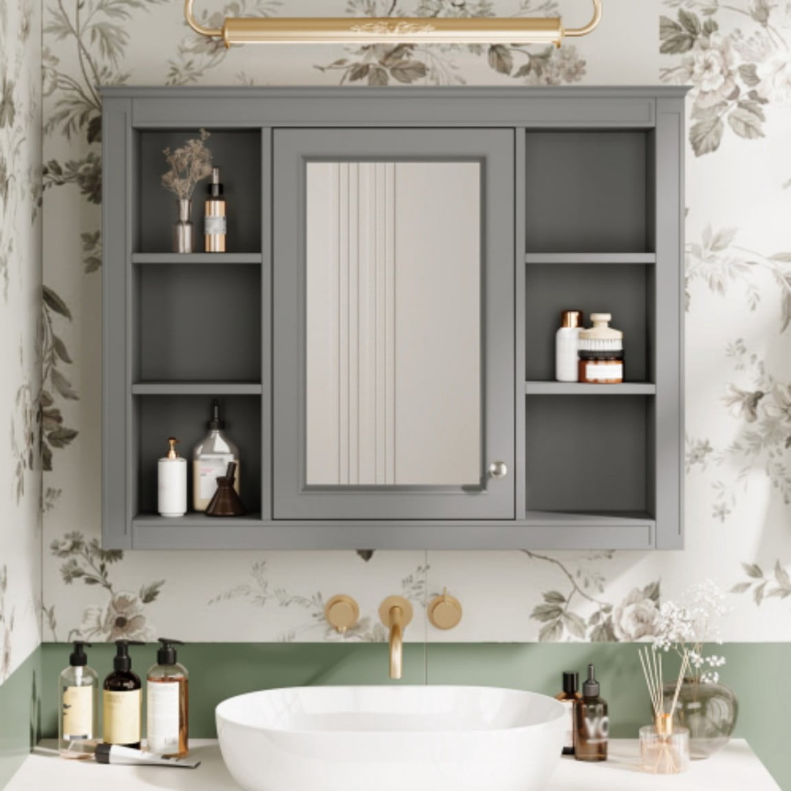 35"x 28" Wall Mounted Bathroom Medicine Cabinet with Mirror, Bathroom Storage Cabinet with 6 Open Shelves, Adjustable Shelves & Towel Bar, Grey
