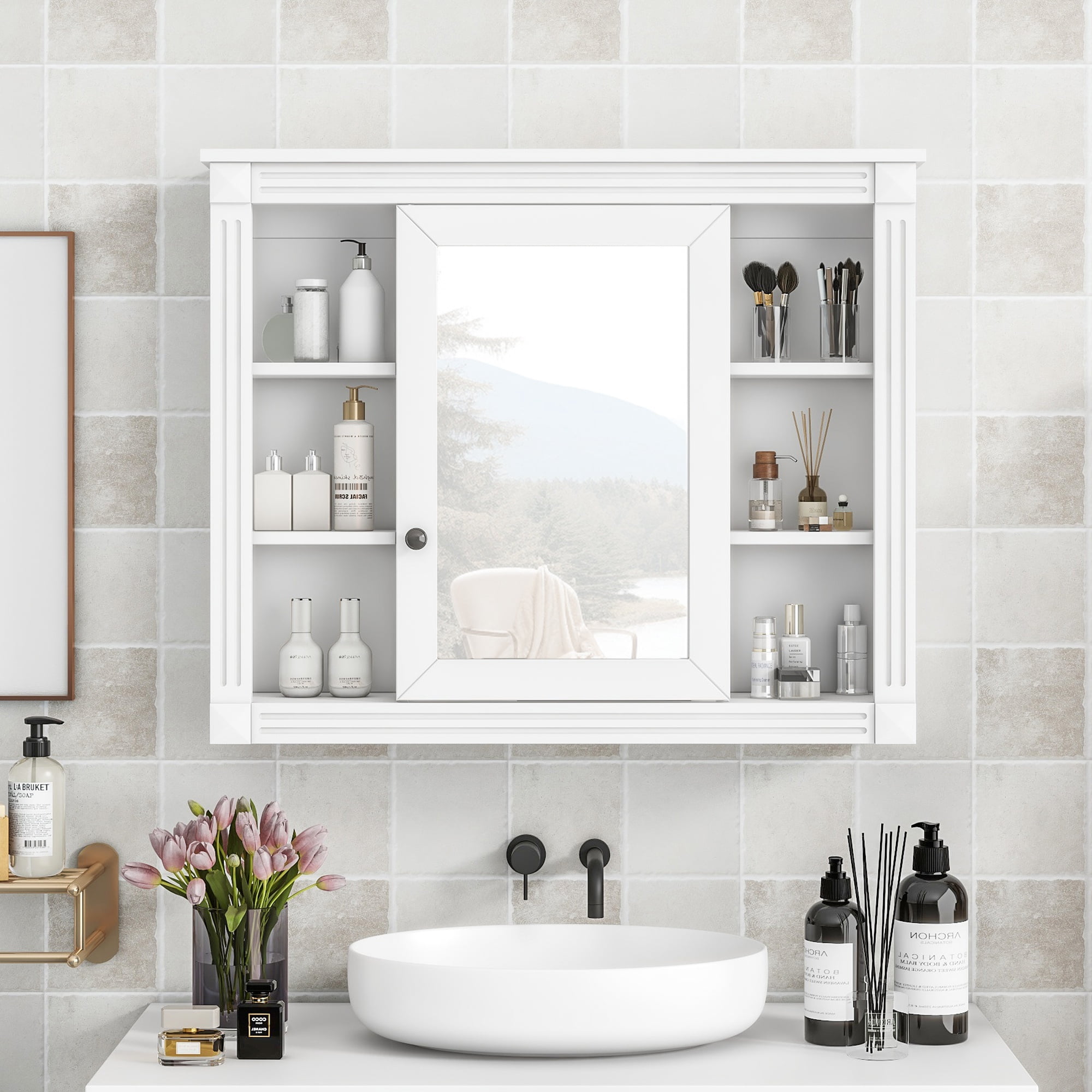 35'' x 28'' Wall Mounted Bathroom Storage Cabinet, White Medicine Cabinetwith Mirror, Mirror Cabinet and 6 Open Shelves