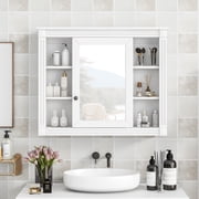 35'' x 28'' Wall Mounted Bathroom Storage Cabinet, White Medicine Cabinetwith Mirror, Mirror Cabinet and 6 Open Shelves
