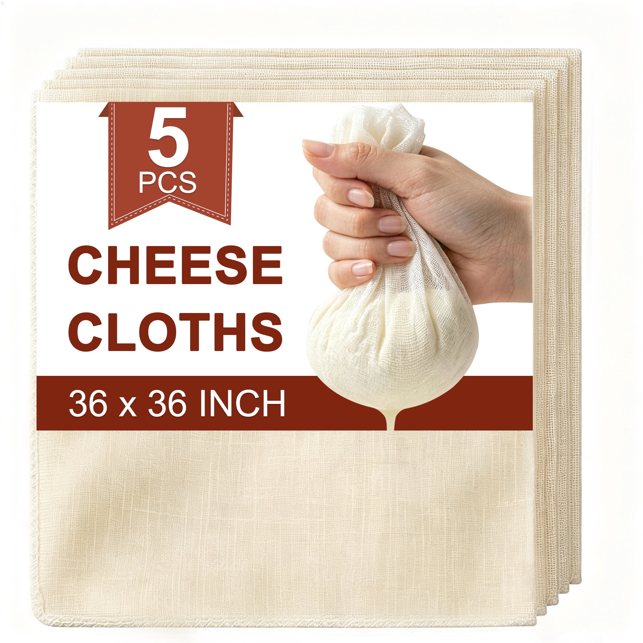 Cheese Cloths, 5 Pack 36 x 36 Inch Unbleached Cotton Cheesecloth, Reusable Fine Mesh Strainer Cloth for Cheese Making, Baking, Straining Juices