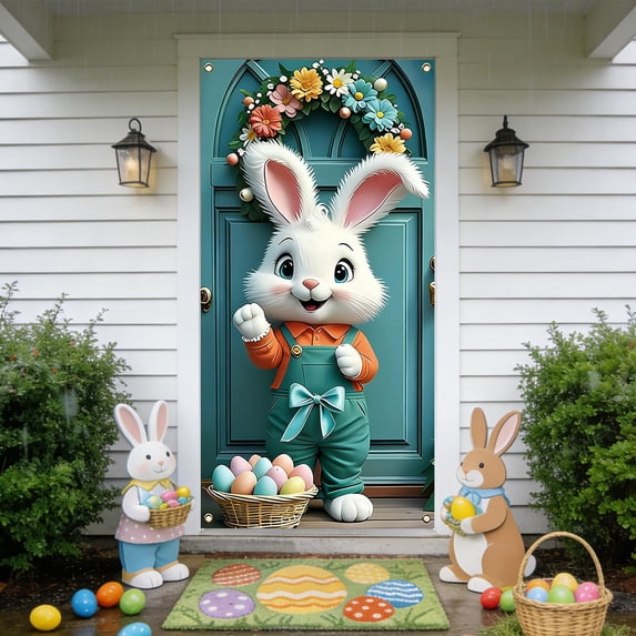35 x 72 in Easter Day Door Cover – Polyester Fabric Easter Door Curtain with Bunny & Egg Design – Wall & Door Decoration for Spring Holiday Party Indoor Outdoor Use