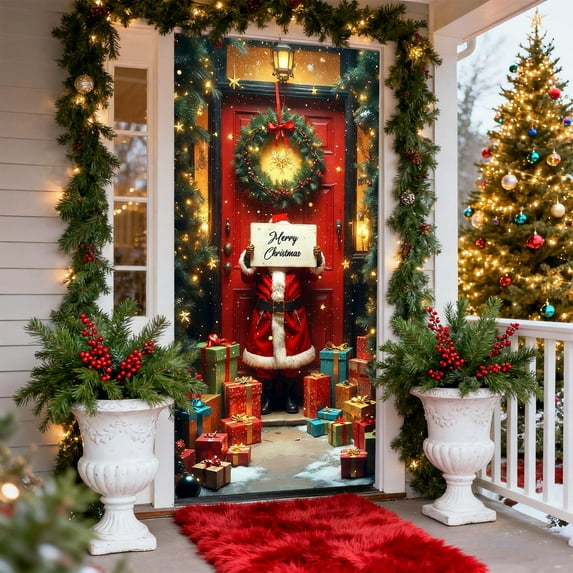 35 x 72 Inch Christmas Door Cover – Santa Claus Door Curtain for Front or Indoor Use – Polyester Holiday Door Banner for Wall or Party Decoration