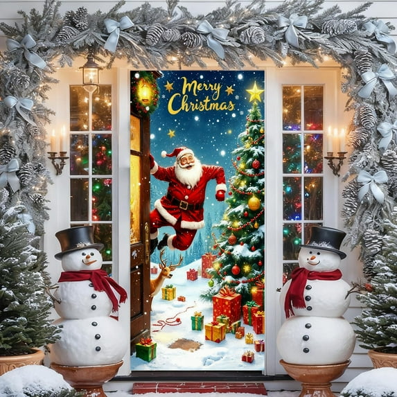 35 x 72 Inch Christmas Door Cover - Santa Claus Theme, Durable Polyester, Easy to Install, Festive Party & Holiday Decor